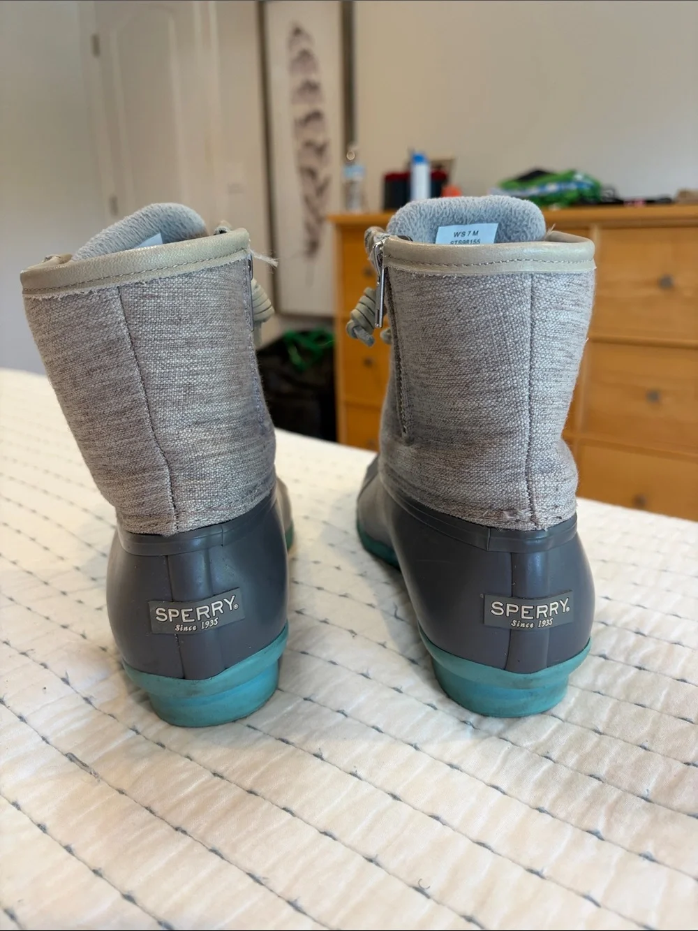 Sperry Gray and Teal Duck Boots